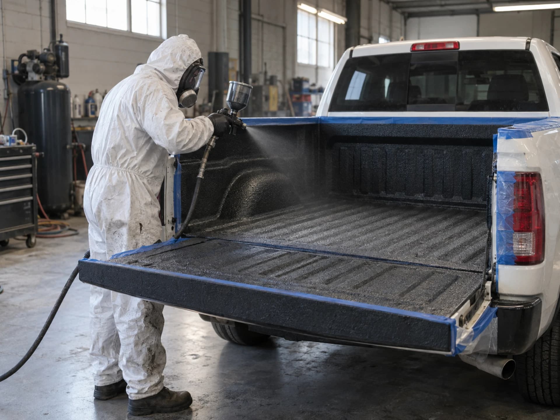 Spray-on bed liner being applied to a masked pickup bed with an HVLP gun