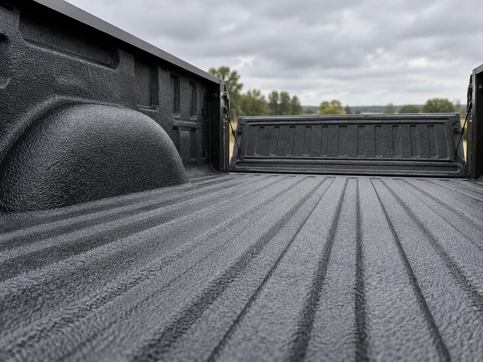 Close-up of a textured spray-on bed liner across the bed floor, wheel well and tailgate
